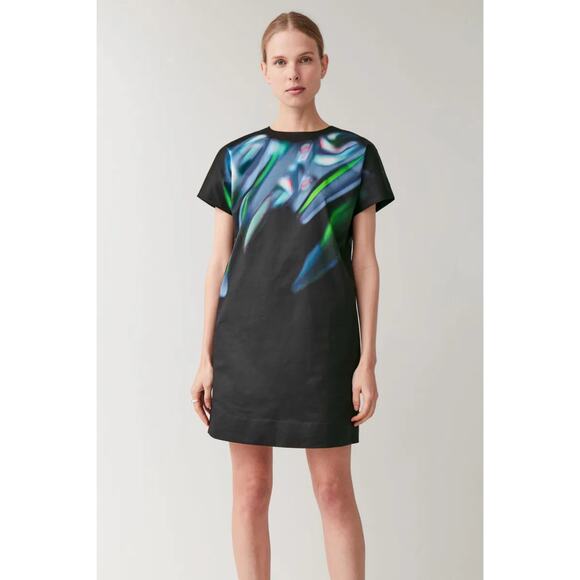 NWOT COS Dress EU 34/US XS Black Abstract-Watercolor-Multicolor Poplin-Cotton - Picture 1 of 10